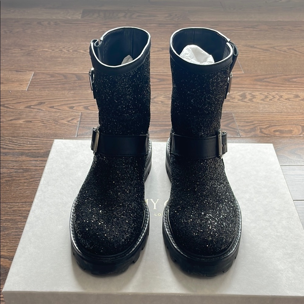 Jimmy Choo Black Glitter Moto Buckle Boots